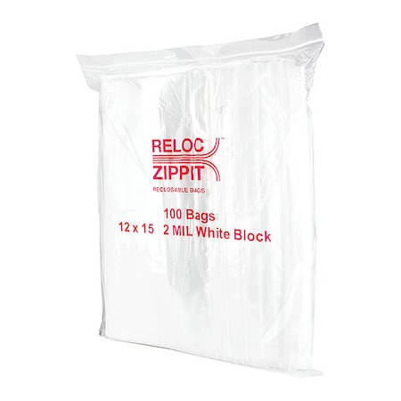 Reclosable Bag, Zip Seal, 15 in L, 12 in W, 2 mil Thick, Polyethylene, Clear MPN:WR1215