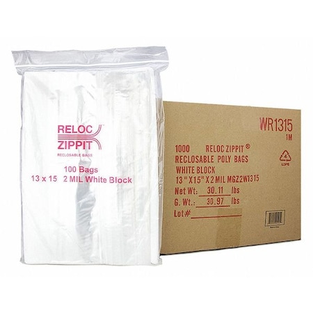 Reclosable Bag, 15 L, 13 in W, 2 mil Thick, Polypropylene, Clear MPN:WR1315