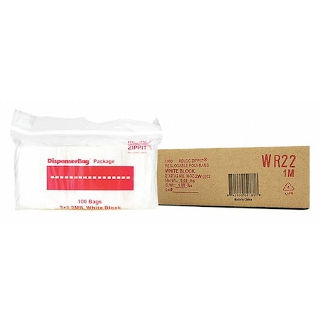 Reclosable Bag, 2 L, 2 in W, 2 mil Thick, Polyethylene, Clear MPN:WR22