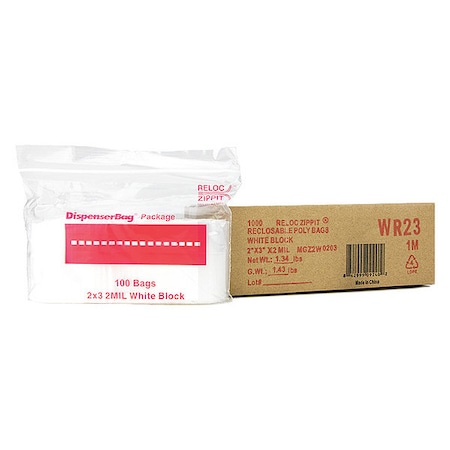 Reclosable Bag, Zip Seal, 3 in L, 2 in W, 2 mil Thick, Polyethylene, Clear MPN:WR23