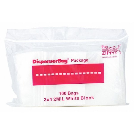 Reclosable Bag, 4 L, 3 in W, 2 mil Thick, Polyethylene, Clear MPN:WR34