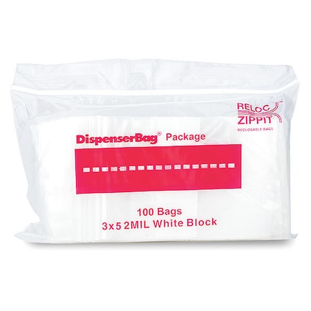 Reclosable Bag, Zip Seal, 5 in L, 3 in W, 2 mil Thick, Polyethylene, Clear MPN:WR35
