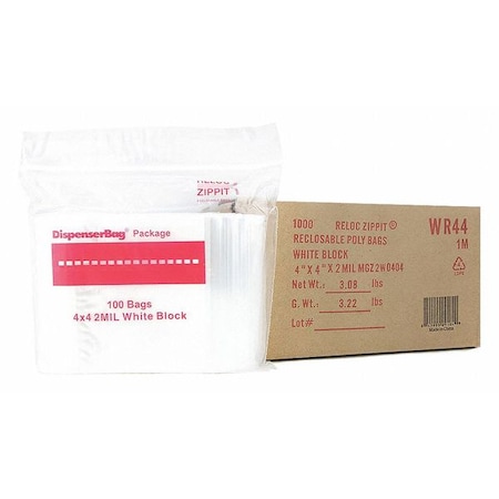 Reclosable Bag, 4 L, 4 in W, 2 mil Thick, Polyethylene, Clear MPN:WR44