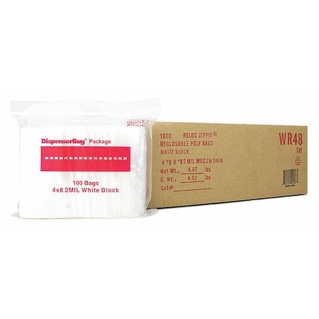 Reclosable Bag, 8 L, 4 in W, 2 mil Thick, Polypropylene, Clear MPN:WR48