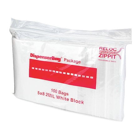 Reclosable Bag, Zip Seal, 8 in L, 5 in W, 2 mil Thick, Polyethylene, Clear MPN:WR58