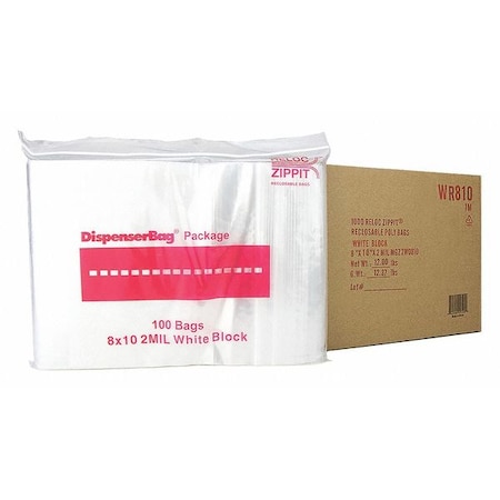Reclosable Bag, 10 L, 8 in W, 2 mil Thick, Polypropylene, Clear MPN:WR810