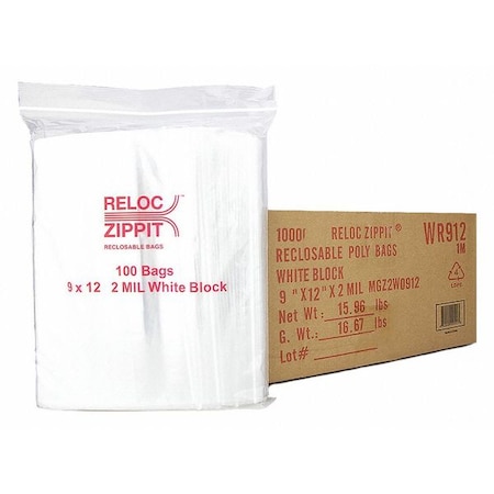 Reclosable Bag, 12 L, 9 in W, 2 mil Thick, Polypropylene, Clear MPN:WR912