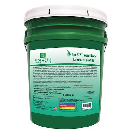 Chain & Wire Rope Lubricant, 5 gal, Pail, Vegetable Oil Base, 435 Degrees F Max Op Temp, Yellow, Bio-E.P. Series MPN:82614