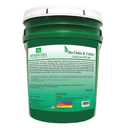 Chain & Wire Rope Lubricant, 5 gal, Pail, Vegetable Oil Base, 503 Degrees F Max Op Temp, Yellow MPN:83064
