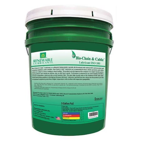 Chain & Wire Rope Lubricant, 5 gal, Pail, Vegetable Oil Base, 532 Degrees F Max Op Temp, Yellow MPN:83074