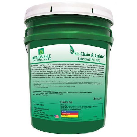 Chain & Wire Rope Lubricant, 5 gal, Pail, Vegetable Oil Base, 554 Degrees F Max Op Temp, Yellow MPN:83084