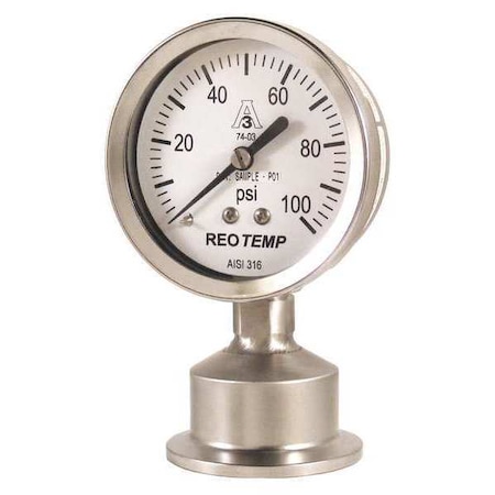 Pressure Gauge, 0 to 100 psi, 2 1/2 in Dial, 1 1/2 in Tri-Clamp, Bottom Location MPN:SG25ATC15P18