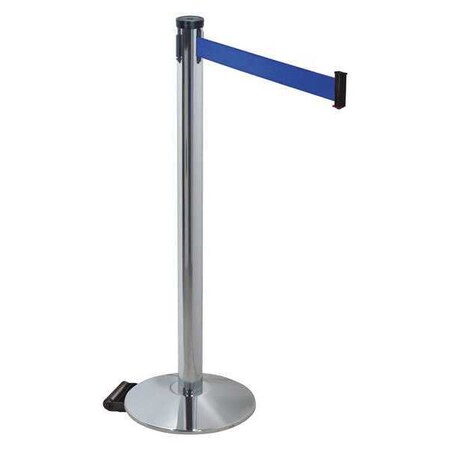 Barrier Post with Belt, Gray, 10 ft Length, 40 in Post Height, No Legend, Polished chrome MPN:304PAPC-BL