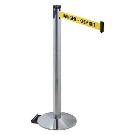 Barrier Post with Belt, Gray, 10 ft Length, 40 in Post Height, Danger Keep Out, Polished chrome MPN:304PAPC-DKO