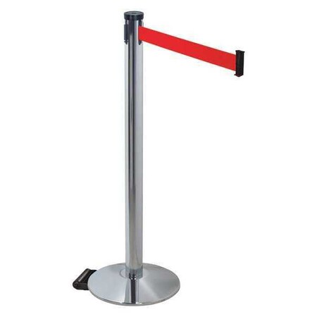 Barrier Post with Belt, Gray, 10 ft Length, 40 in Post Height, No Legend, Polished chrome MPN:304PAPC-RD