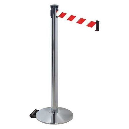 Barrier Post with Belt, Gray, 10 ft Length, 40 in Post Height, No Legend, Polished chrome MPN:304PAPC-RWD