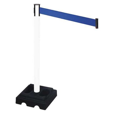 Barrier Post with Belt, White, 10 ft Length, 40 in Post Height, No Legend, White MPN:332PWH-BL