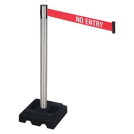 Barrier Post with Belt, Silver, 10 ft Length, 40 in Post Height, No Entry, Satin MPN:332SA-NE