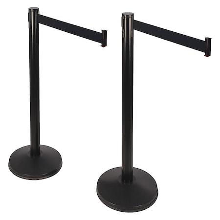 Barrier Post with Belt, Black, 10 ft Length, 40 in Post Height, No Legend, Black MPN:101SB-BK-2PK