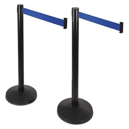 Barrier Post with Belt, Black, 10 ft Length, 40 in Post Height, No Legend, Black MPN:101SB-BL-2PK