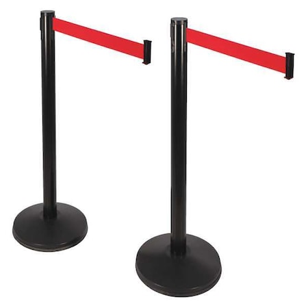 Barrier Post with Belt, Black, 10 ft Length, 40 in Post Height, No Legend, Black MPN:101SB-RD-2PK