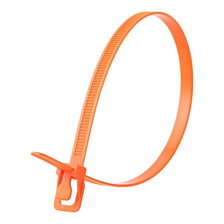 Reusable Cable Ties, 8 in L, 55 mm Max Bundle Dia., Fluorescent Orange, Nylon 6/6, 120 lb Strength MPN:WKT-S08FO-HA