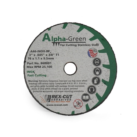 Alpha Green Cut Off Wheel 3 X .045 X 3/8 T1 Alpha Green MPN:860001