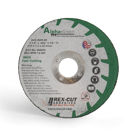 Alpha Green Cut Off Wheel 4 1/2 X .040 X 7/8 T1 Alpha Green MPN:860004
