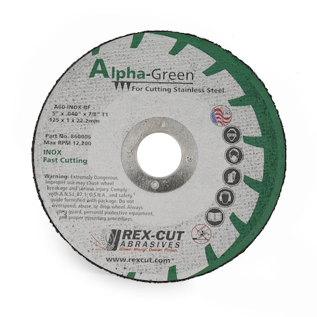 Alpha Green Cut Off Wheel 5 X .040 X 7/8 T1 Alpha Green MPN:860006