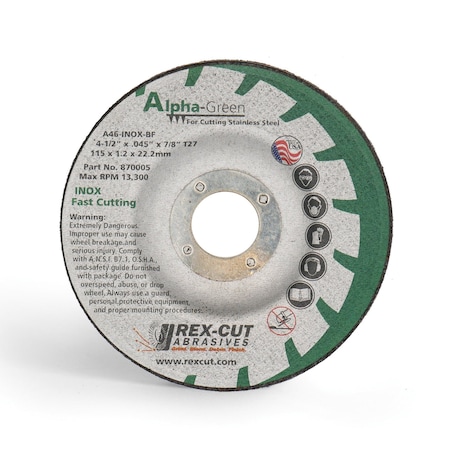 Alpha Green Cut Off Wheel 4 1/2 X .045 X 7/8 T27 Alpha Green MPN:870005