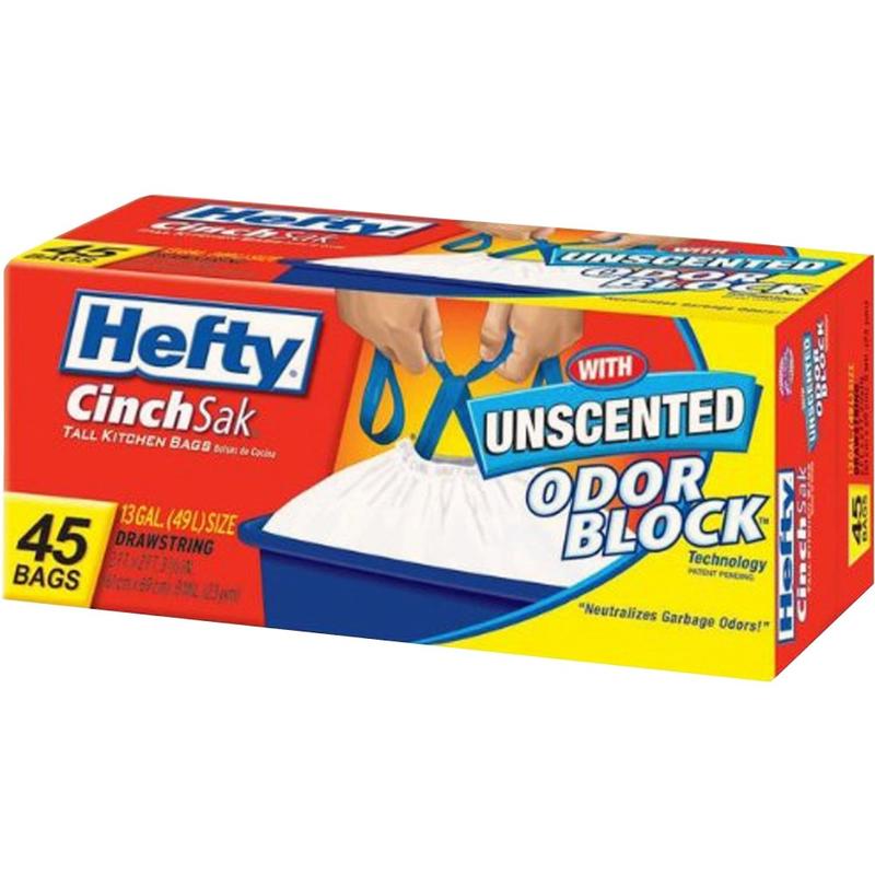 Hefty CinchSak 13-gallon Drawstring Bags - 13 gal Capacity - Drawstring Closure - White - Garbage, Kitchen - 45/Pack - 6 / Carton MPN:E84572CT