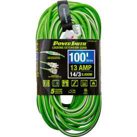 PowerSmith™ 100' SJOOW Extension Cord with Lighted Locking 14/3 Gauge 13A Green PEC143RL-100