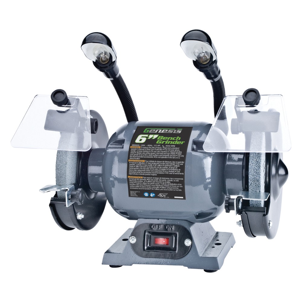 Genesis 1/2-HP 6in Bench Grinder With Lights And Eye Shields, 12-1/2in x 8in x 14in, Gray MPN:GBG600L