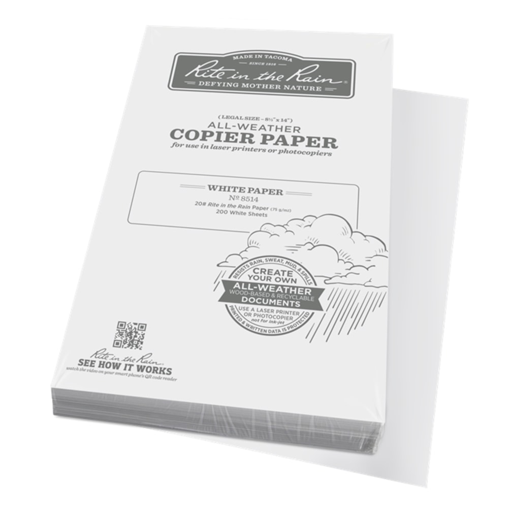 Rite in the Rain All-Weather Multi-Use Printer & Copy Paper, White, Legal (8.5in x 14in), 200 Sheets Per Pack, 20 Lb, 84 Brightness MPN:8514