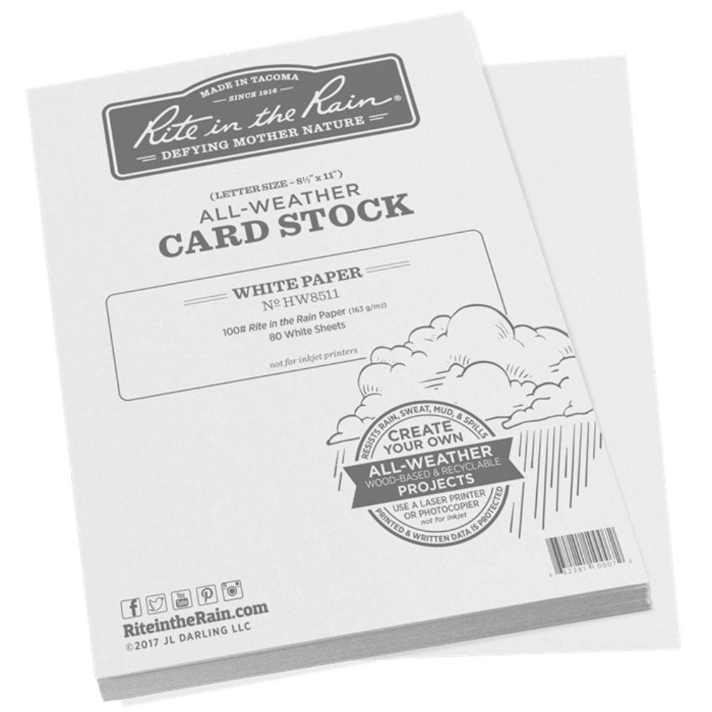 Rite In The Rain All-Weather Card Stock, White, Letter (8.5in x 11in), 100 Lb, Pack Of 80 MPN:HW8511