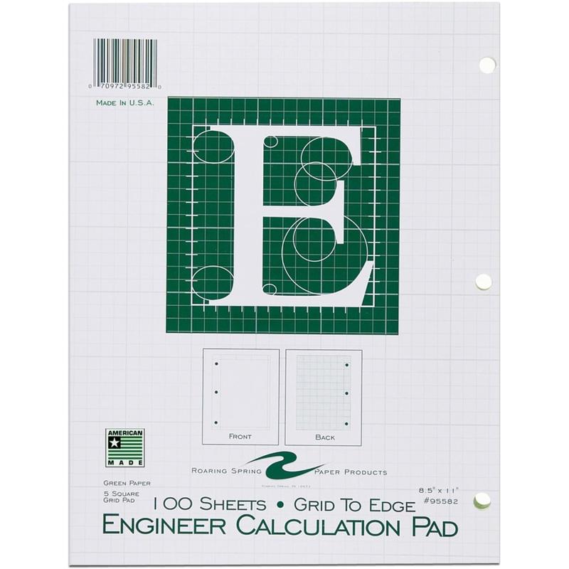 Roaring Spring 5x5 Grid Engineering Pad, 15# Green, 3 Hole Punched, 8.5in x 11in 100 Sheets, Green Paper Gride to Edge (Min Order Qty 9) MPN:95582