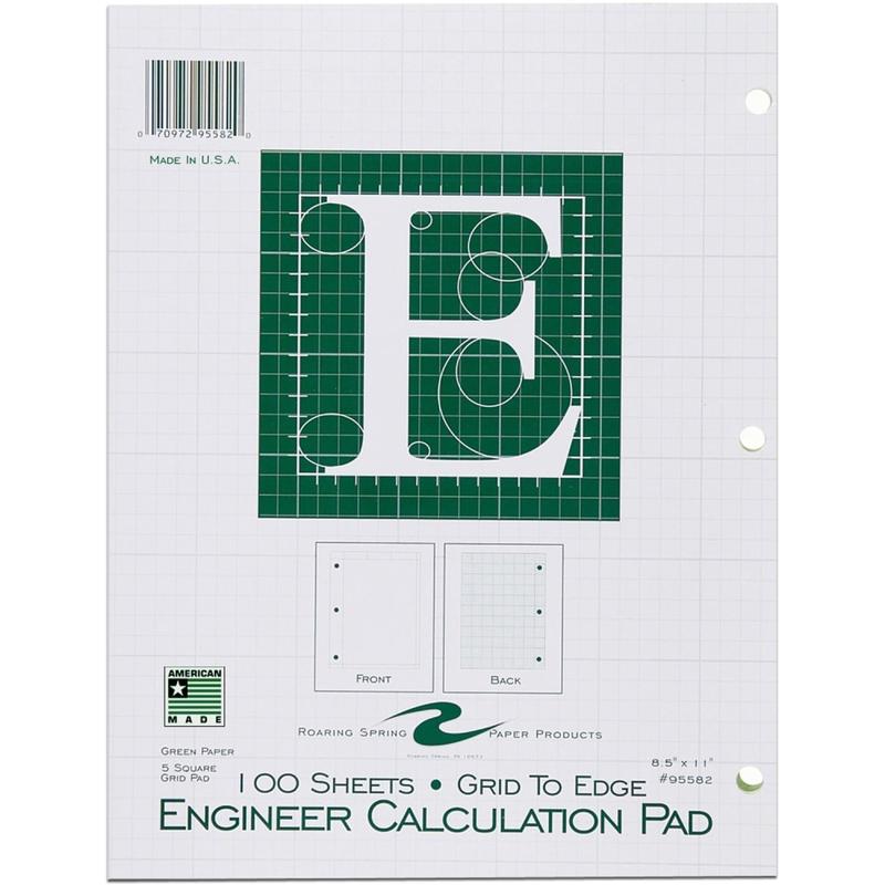 Roaring Spring 5x5 Grid Engineering Pad, 15# Green, 3 Hole Punched, 8.5in x 11in 100 Sheets, Green Paper Gride to Edge MPN:95582