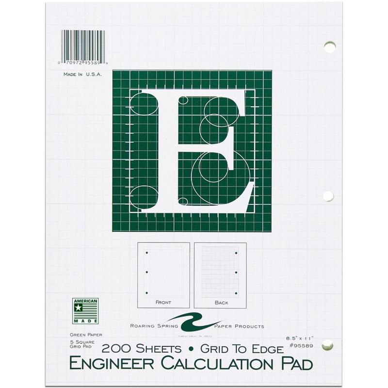 Roaring Spring 5x5 Grid Engineering Pad, 15# Green, 3 Hole Punched, 8.5in x 11in 200 Sheets, Green Paper Gride to Edge (Min Order Qty 6) MPN:95589