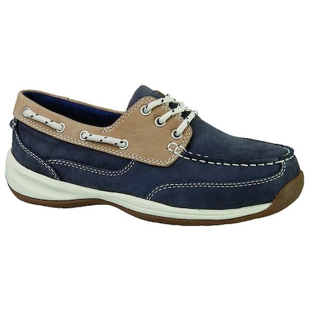 Women's Boat Shoe, Steel Toe, Leather Upper, Rubber Outsole, Lace Up, Navy Blue/Tan, 7 1/2 W MPN:RK670