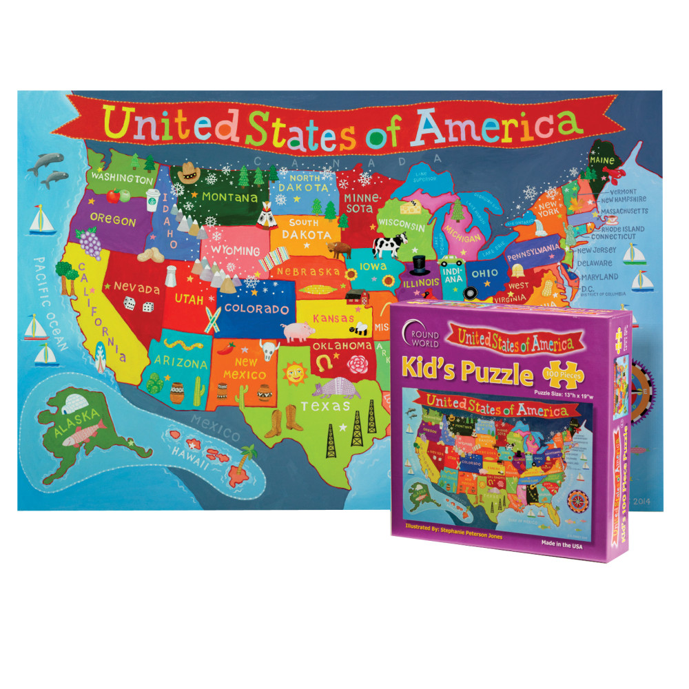Round World Products Kids United States 100-Piece Jigsaw Puzzle, 13in x 19in MPN:RWPKP02