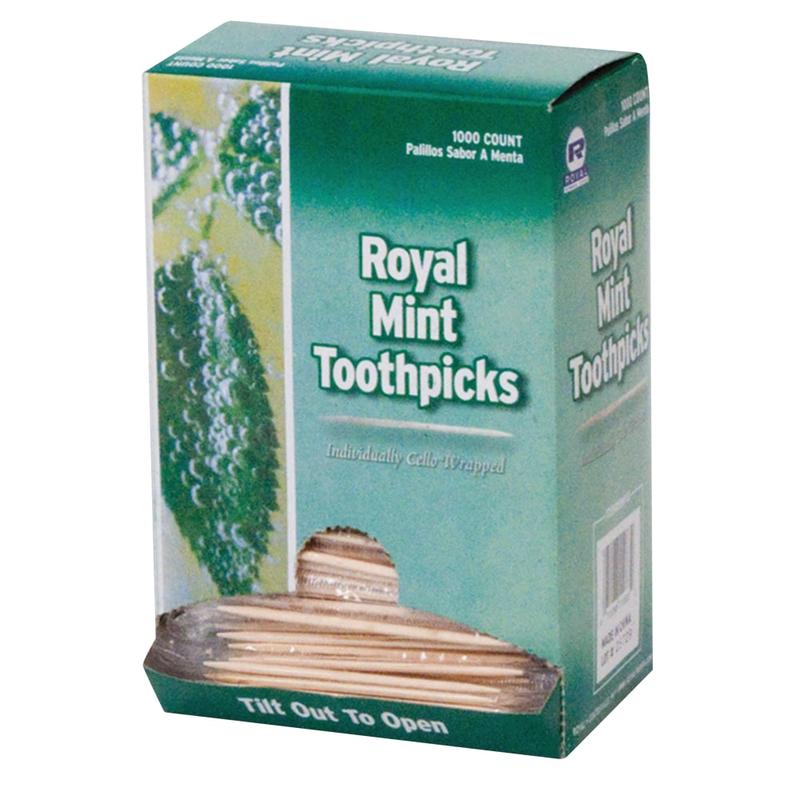 Royal Mint Cello-Wrapped Round Wood Toothpicks, 2 1/2in, Natural, 1, 000 Toothpicks Per Box, Carton Of 15 Boxes MPN:RPP RM115