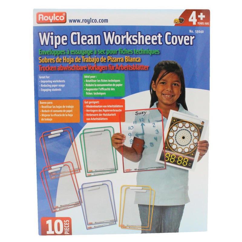 Roylco Wipe Clean Dry-Erase Worksheet Covers, 12 1/2in x 8 3/4in, Clear/Assorted Colors, Pack Of 10 MPN:R-59040