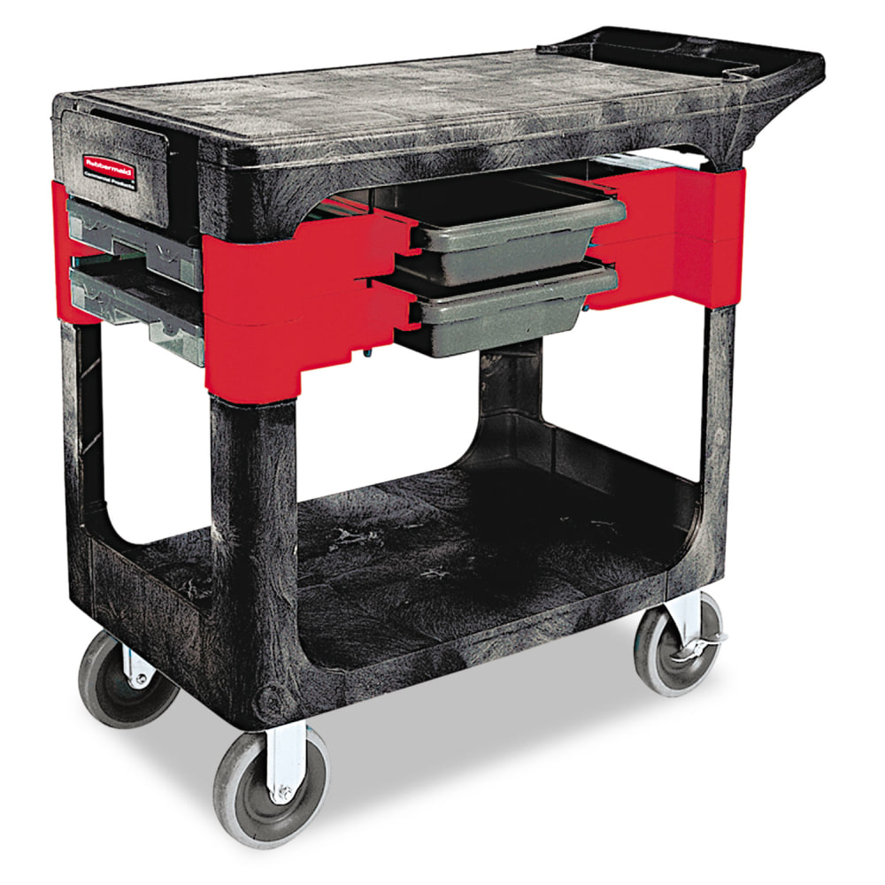 Rubbermaid Commercial Two-Shelf Trades Cart, Plastic, 2 Shelves, 2 Drawers, 330 lb Capacity, 19.25in x 38in x 33.38in, Black MPN:FG618000BLA