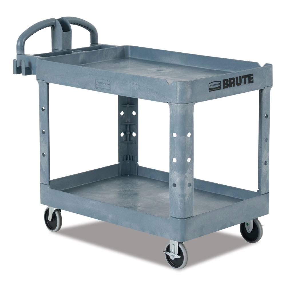 Rubbermaid Commercial BRUTE Heavy-Duty Ergo Handle Utility Cart, Plastic, 2 Shelves, 750 lb Capacity, 26in x 55in x 33.25in, Gray MPN:2192463