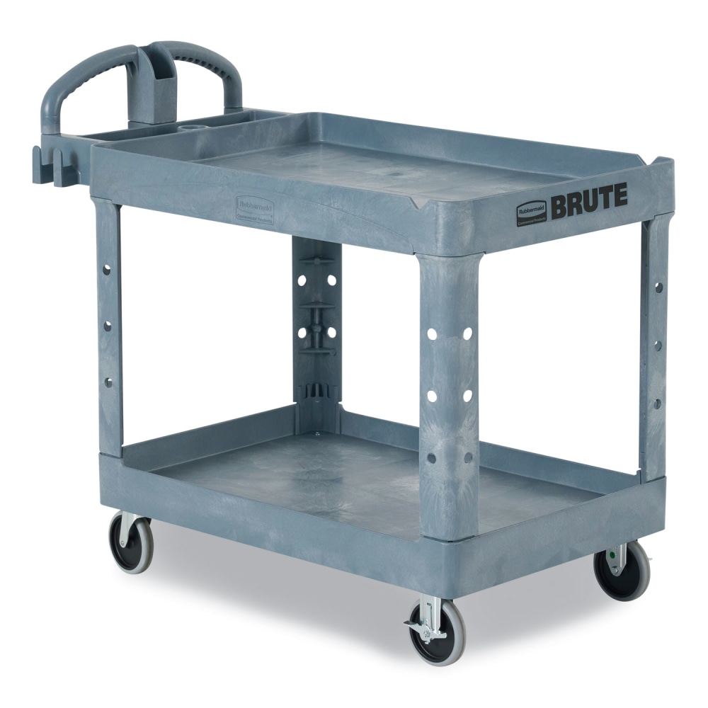 Rubbermaid Commercial BRUTE Heavy-Duty Ergo Handle Utility Cart, Plastic, Two Shelves, 500 lb Capacity, 25.5in x 44in x 39in, Gray MPN:2192464