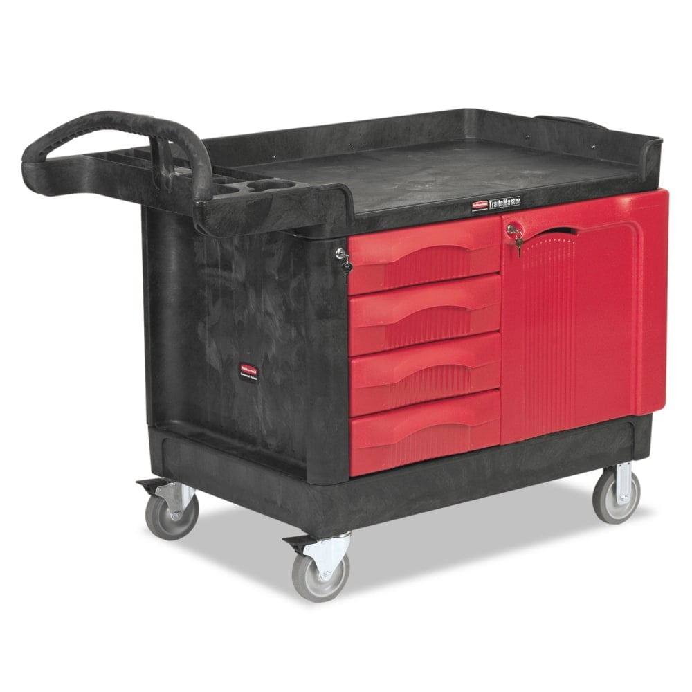 Rubbermaid Commercial TradeMaster Cart with One Door, Plastic, 3 Shelves, 4 Drawers, 750 lb Capacity, 26.25in x 49in x 38in, Black MPN:FG453388BLA