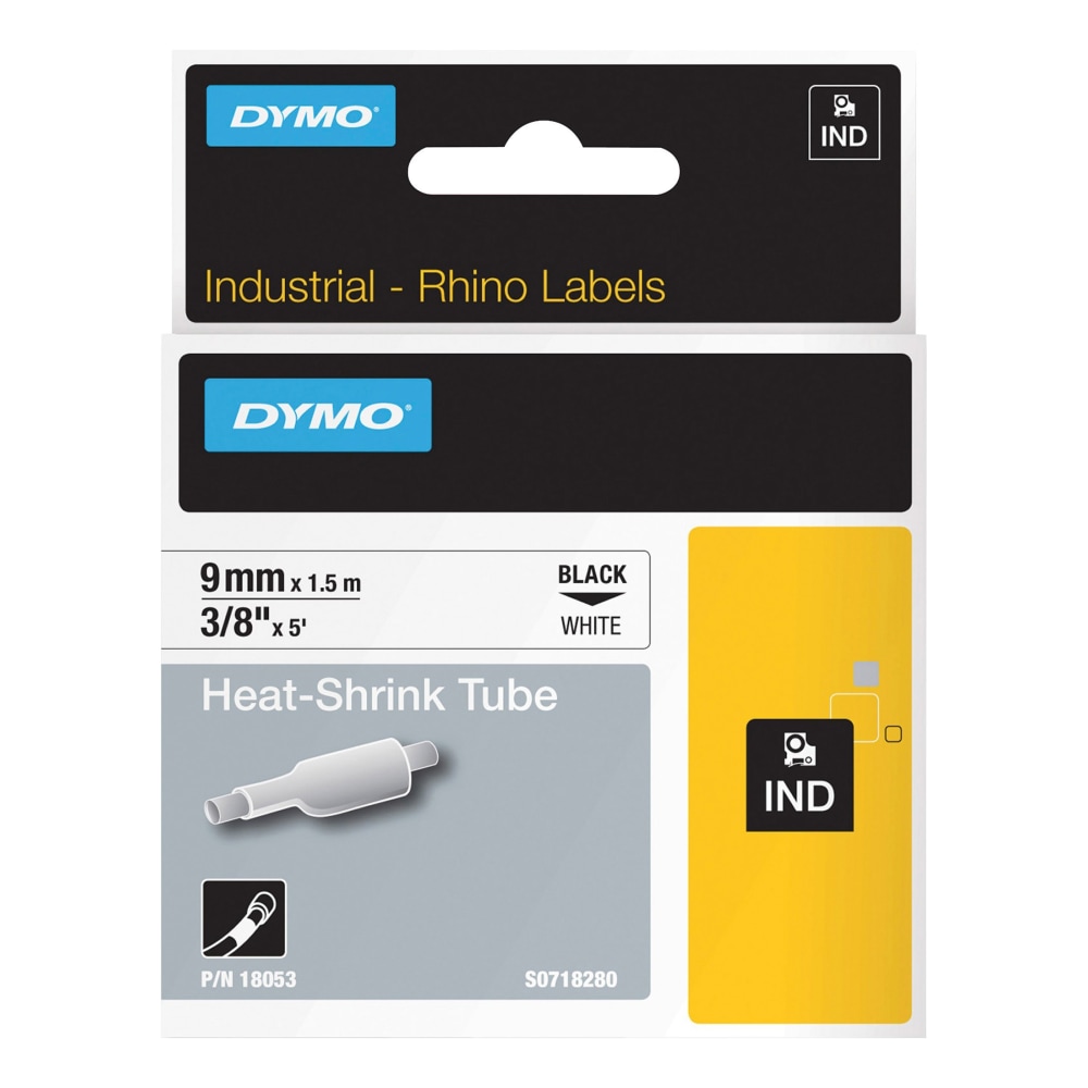DYMO Rhino Heat Shrink Tubes Industrial Label Tape, 0.37in x 5 ft, White/Black Print MPN:18053