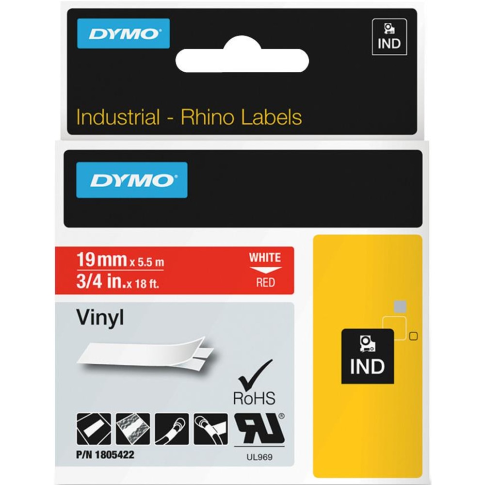 DYMO Colored 3/4in Vinyl Label Tape, DYM1805422, Permanent Adhesive, 3/4inW x 18 3/64 ft Length, Rectangle, Thermal Transfer, Red/White MPN:1805422
