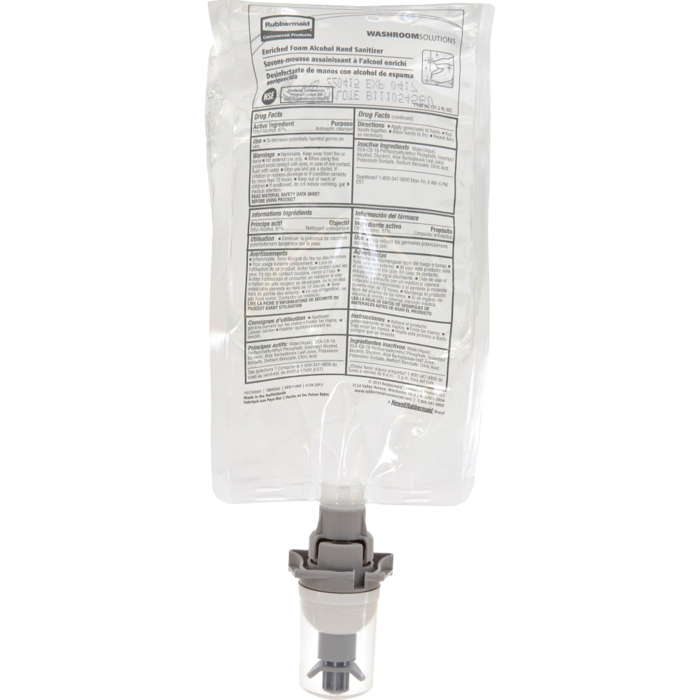 Rubbermaid Commercial Hand Sanitizer Foam Refill - Fragrance-free Scent - 37.2 fl oz (1100 mL) - Kill Germs - 2080802 MPN:2080802