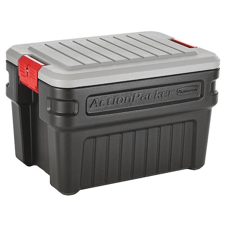 Attached Lid Tote, 24 gal Volume Cap., 26 in L, 18 1/2 in W, 17 in H, Plastic, Black/Red MPN:1949231